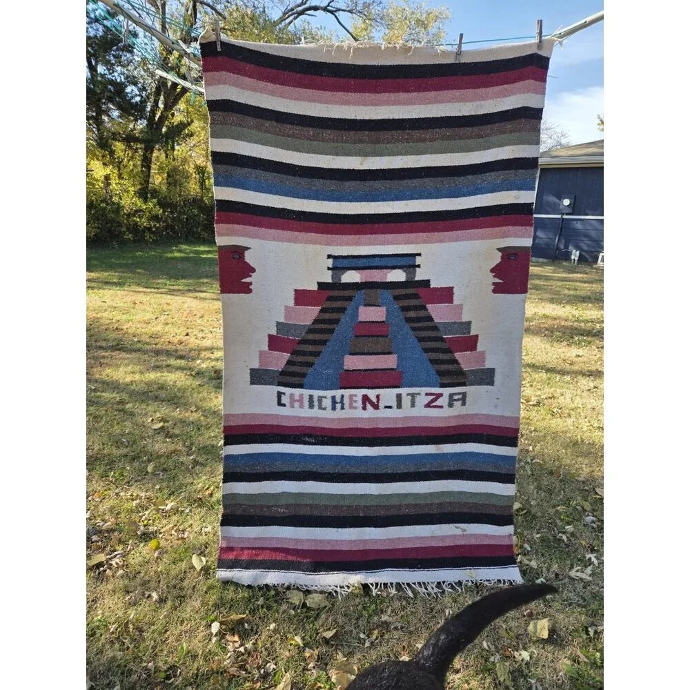 Vintage Handwoven Mexican Sherpa Blanket Tapestry‎ Rug Chichen Itza 44x76 Aztec